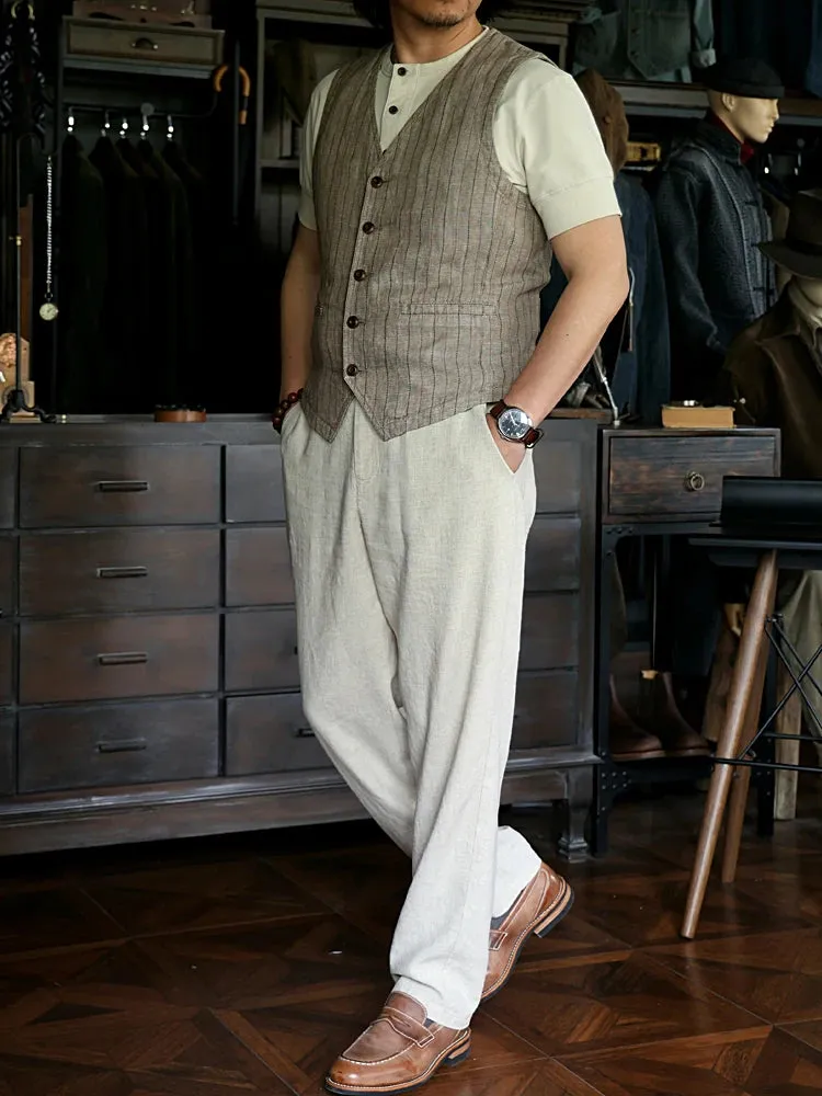 Men's Striped Linen Vest - V-neck Semi-Business