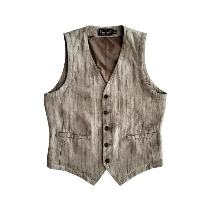 Men's Striped Linen Vest - V-neck Semi-Business