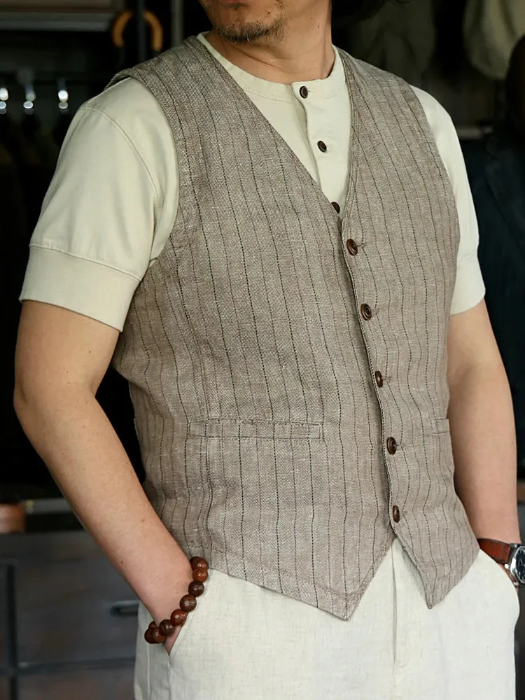 Men's Striped Linen Vest - V-neck Semi-Business