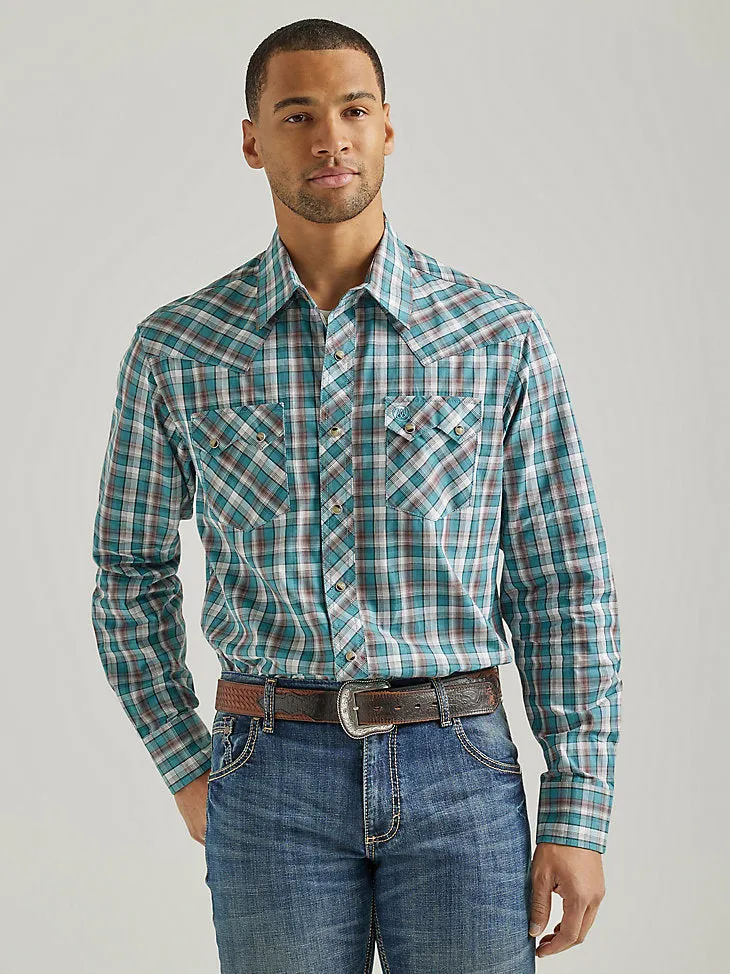 Men's Wrangler Retro Long Sleeve Sawtooth Snap Western Shirt- Teal Plaid