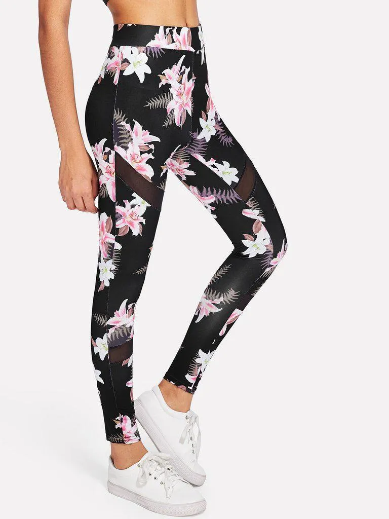 Mesh Insert Florals Leggings