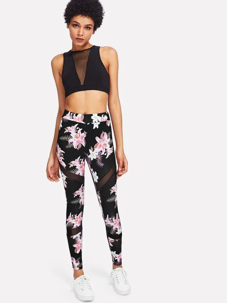 Mesh Insert Florals Leggings