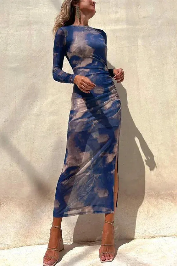 Mesh Long Sleeve Split Maxi Dress with Sexy Print