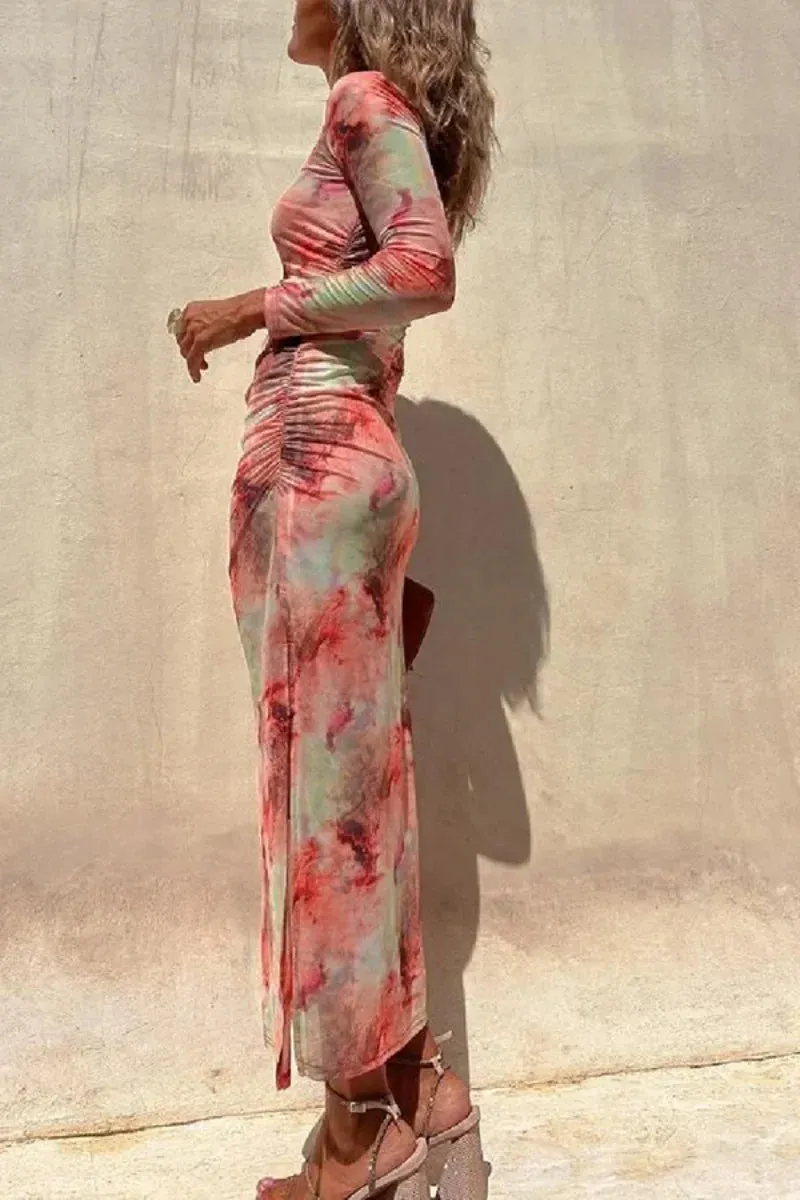 Mesh Long Sleeve Split Maxi Dress with Sexy Print