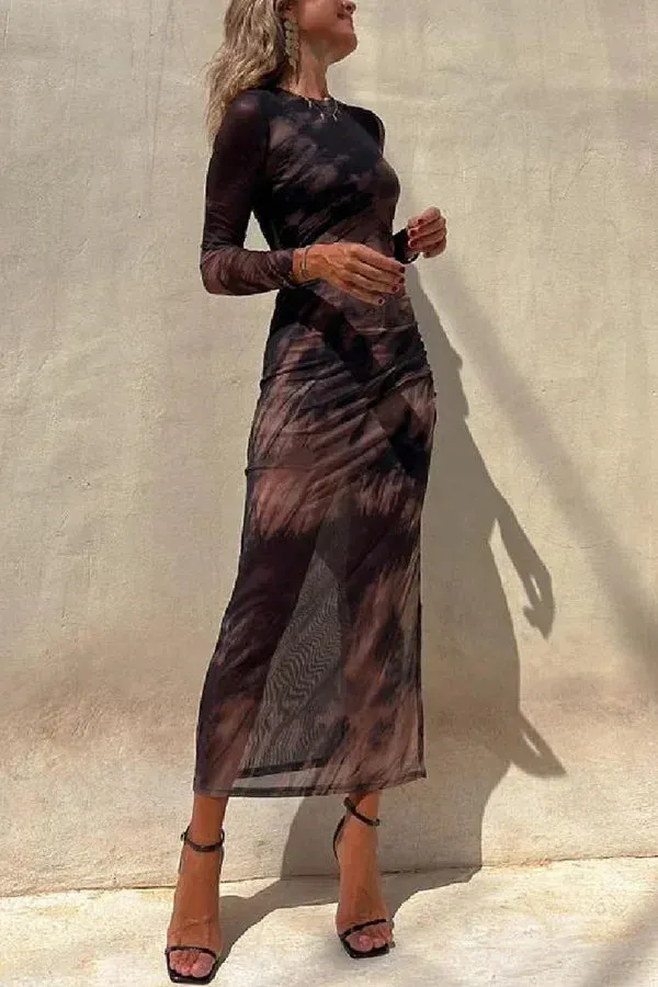 Mesh Long Sleeve Split Maxi Dress with Sexy Print