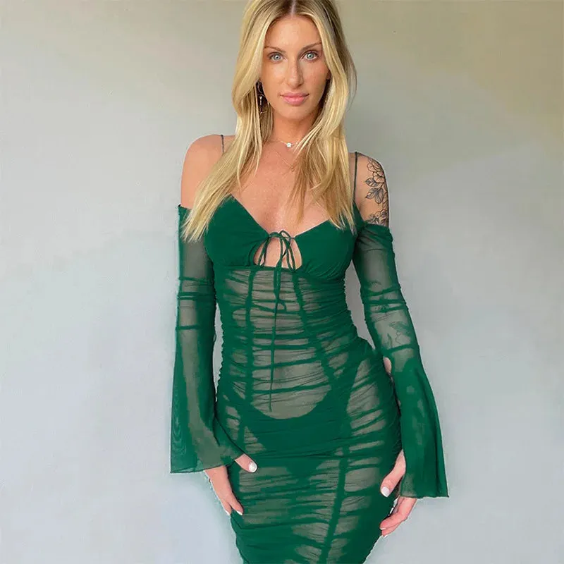 Mesh See Through Tie Front Maxi Dress