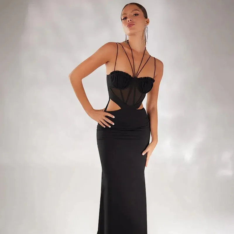 Mesh Spliced Waist Hollow Suspender Belted Bandage Maxi Sexy Dress