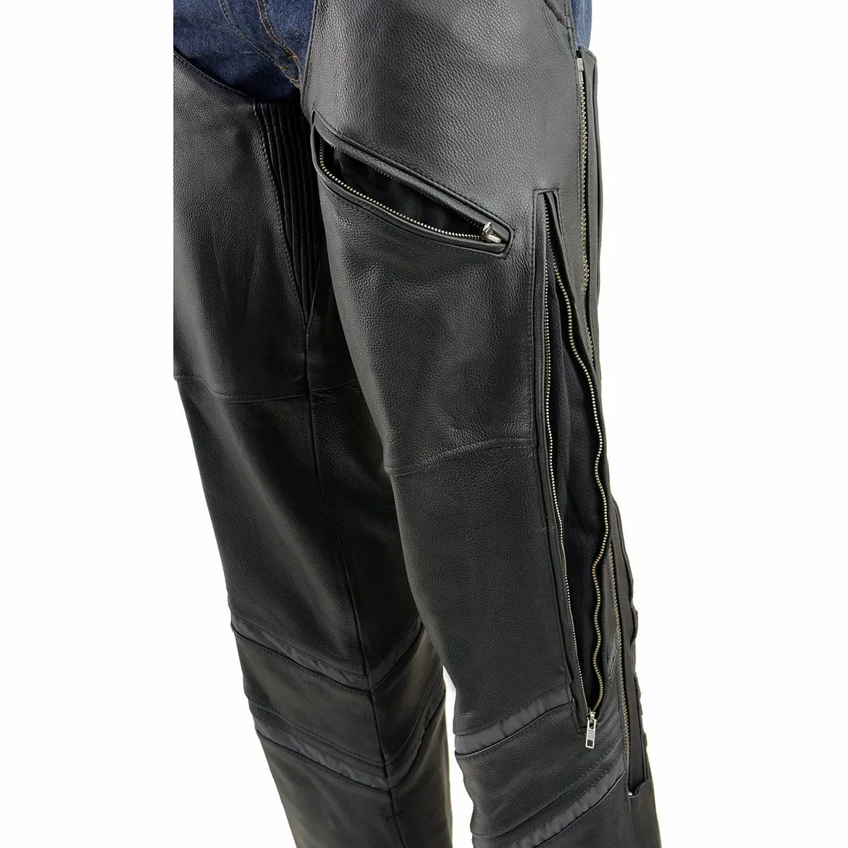 Milwaukee Leather ML1144 Men's Black Premium Leather Vented Motorcycle Rider Chaps w/ Reflective Piping