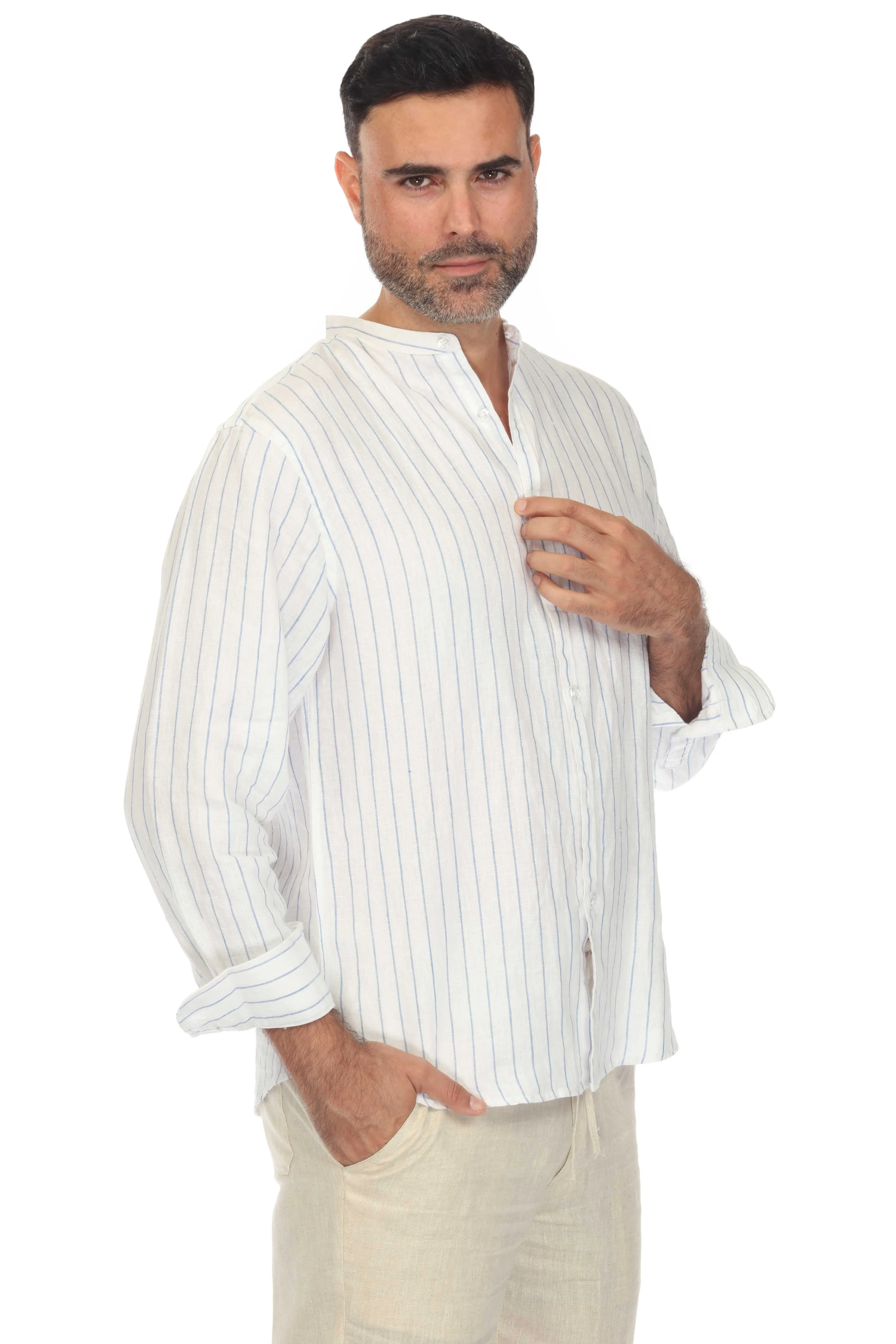 Mojito Men's Causal Mandarin Collar Pinstripe Shirt 100% Linen Long Sleeve