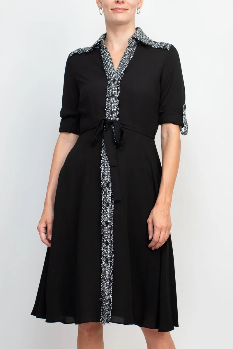 Nanette Lepore collared knit detail button down folded sleeve tie waist chiffon dress