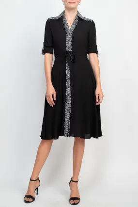 Nanette Lepore collared knit detail button down folded sleeve tie waist chiffon dress