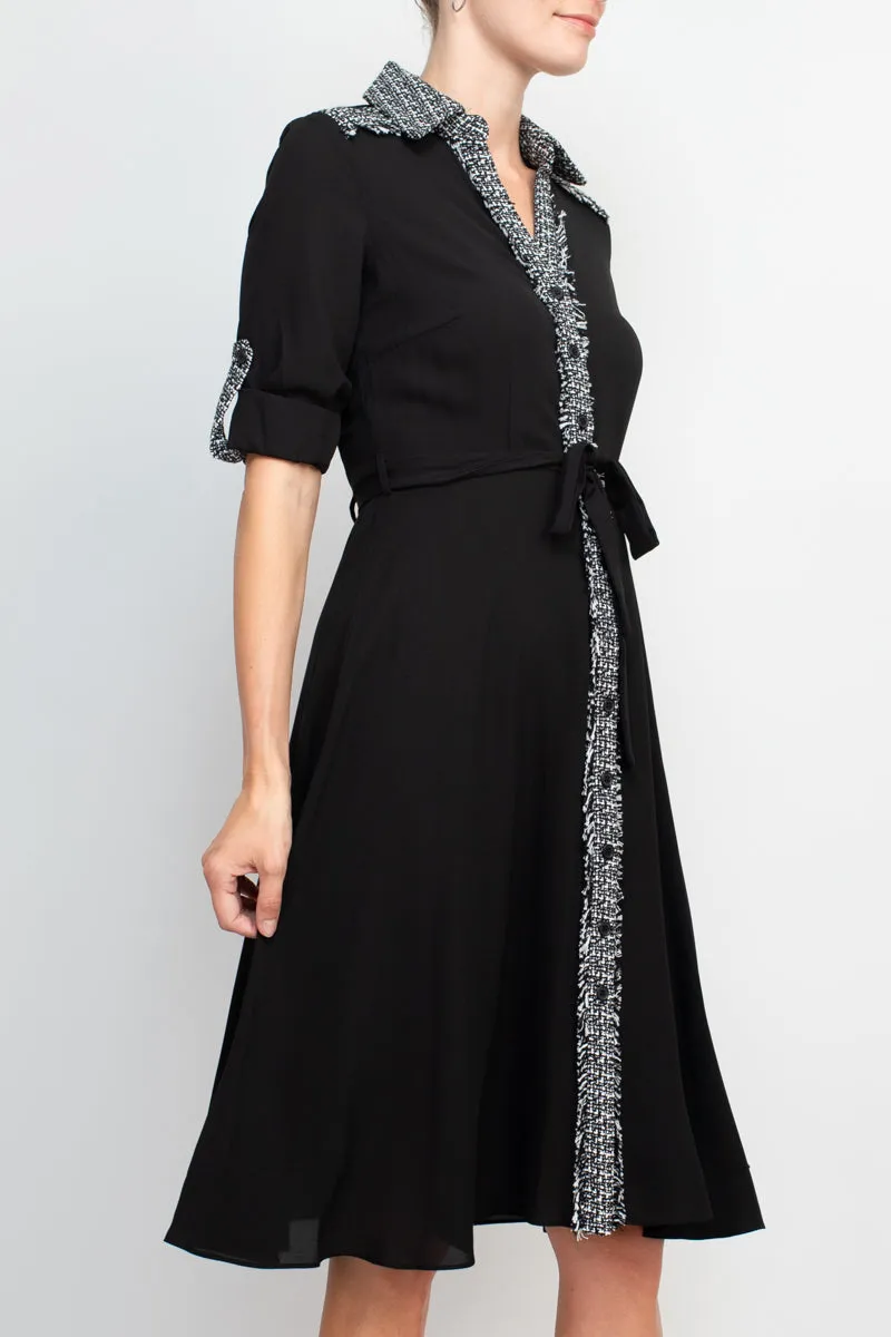 Nanette Lepore collared knit detail button down folded sleeve tie waist chiffon dress