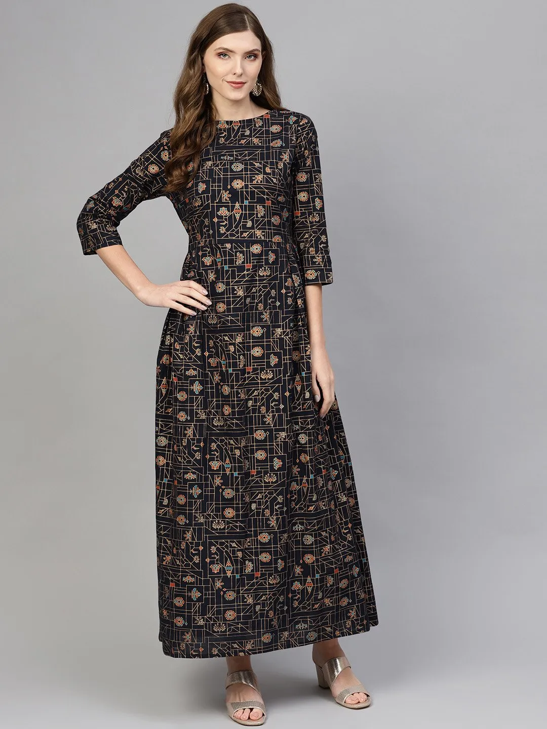 Navy Blue Gold Printed Maxi Dress With Round Neck & 3/4 Sleeves