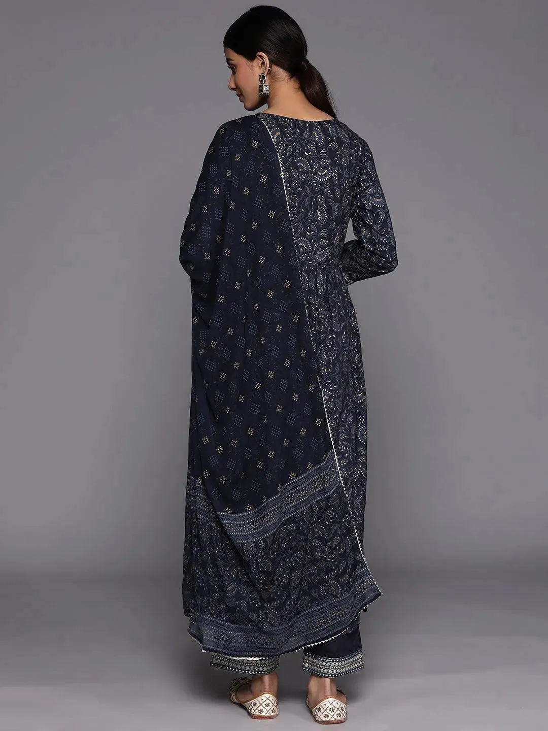 Navy Blue Yoke Design Rayon A-Line Kurta With Trousers & Dupatta