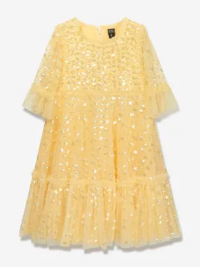 Needle & Thread Girls Raindrop Sequin Dress in Yellow