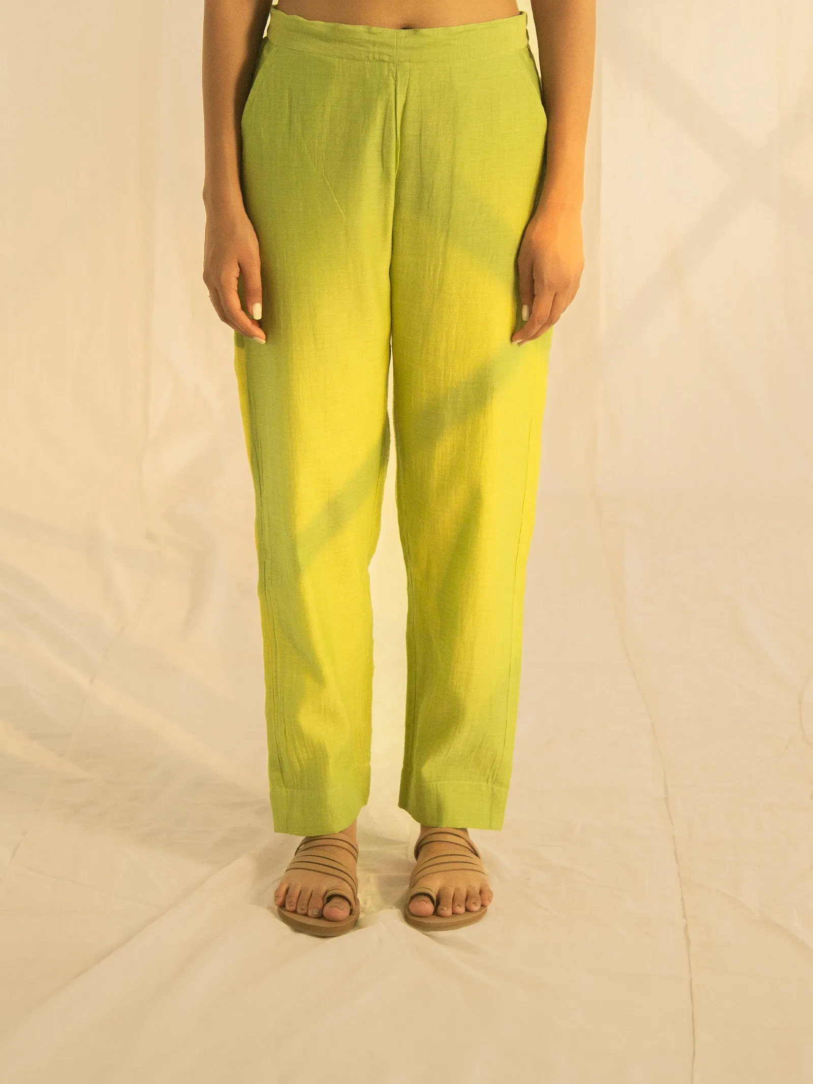 Needle Work Leaf Green Chanderi Straight Pant