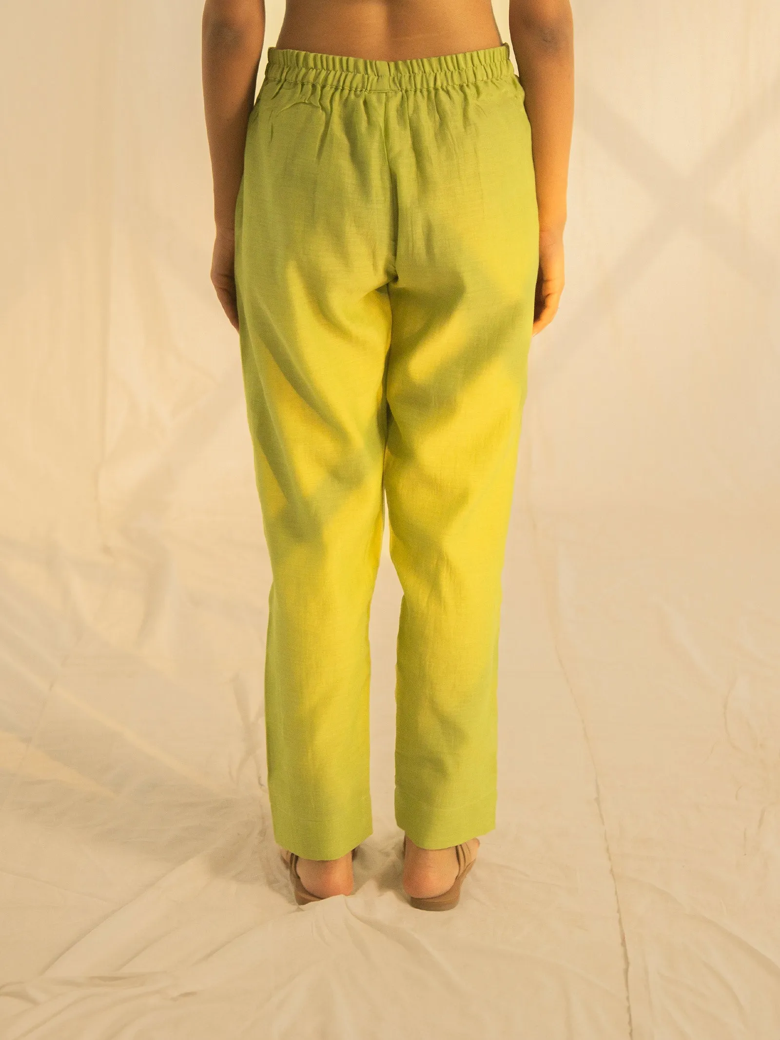 Needle Work Leaf Green Chanderi Straight Pant