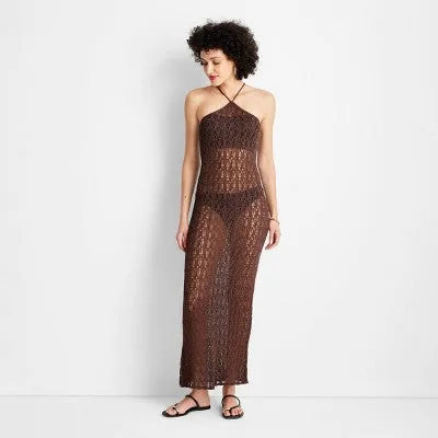 New - Future Collective Women's See-Through Open Stitch Maxi Sheer Dress