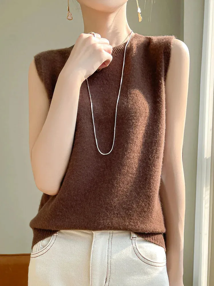 New Women O-neck Sleeveless Sweater Simple Style Solid Soft Vest 100% Merino Wool Knitwear Pullover Spring Summer Korean Tops