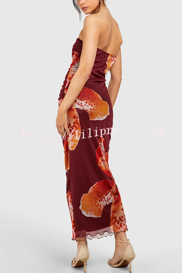 Oh So Sunny Mesh Floral Print Bandeau Stretch Maxi Dress