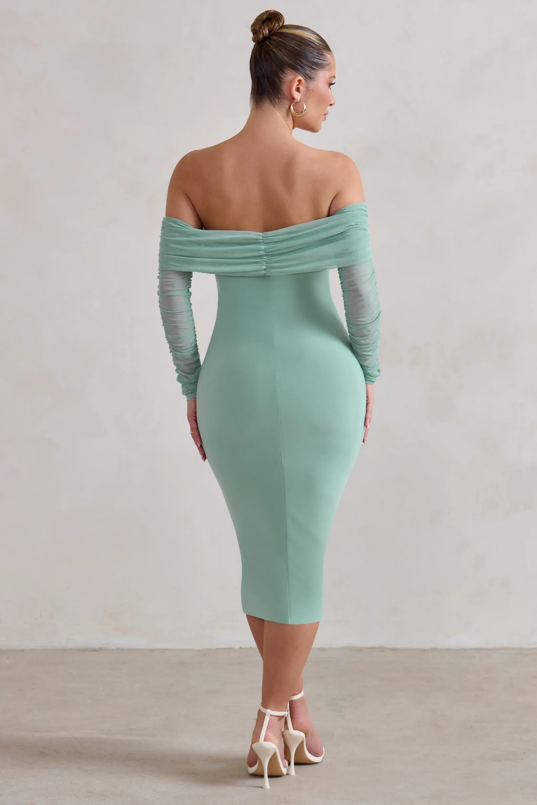 Only You | Sage Ruched Mesh Bardot Midi Dress