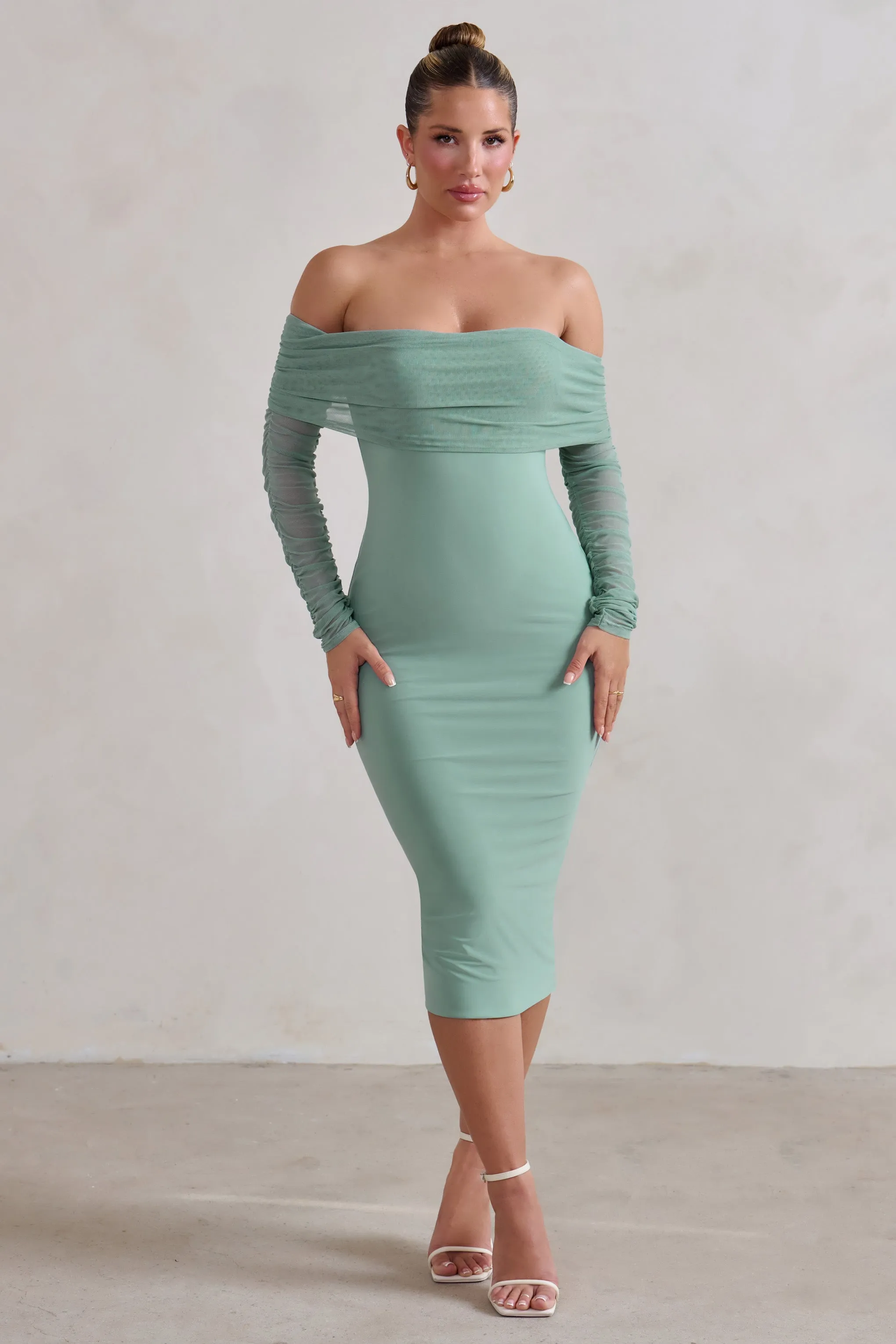 Only You | Sage Ruched Mesh Bardot Midi Dress