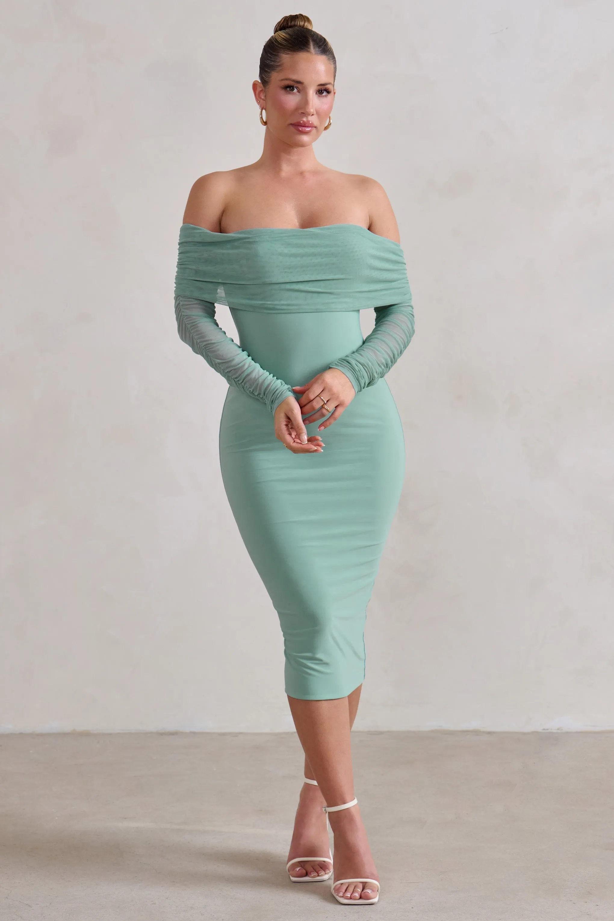 Only You | Sage Ruched Mesh Bardot Midi Dress