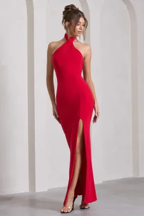 Pamela | Red Halter-Neck Sleeveless Split Maxi Dress