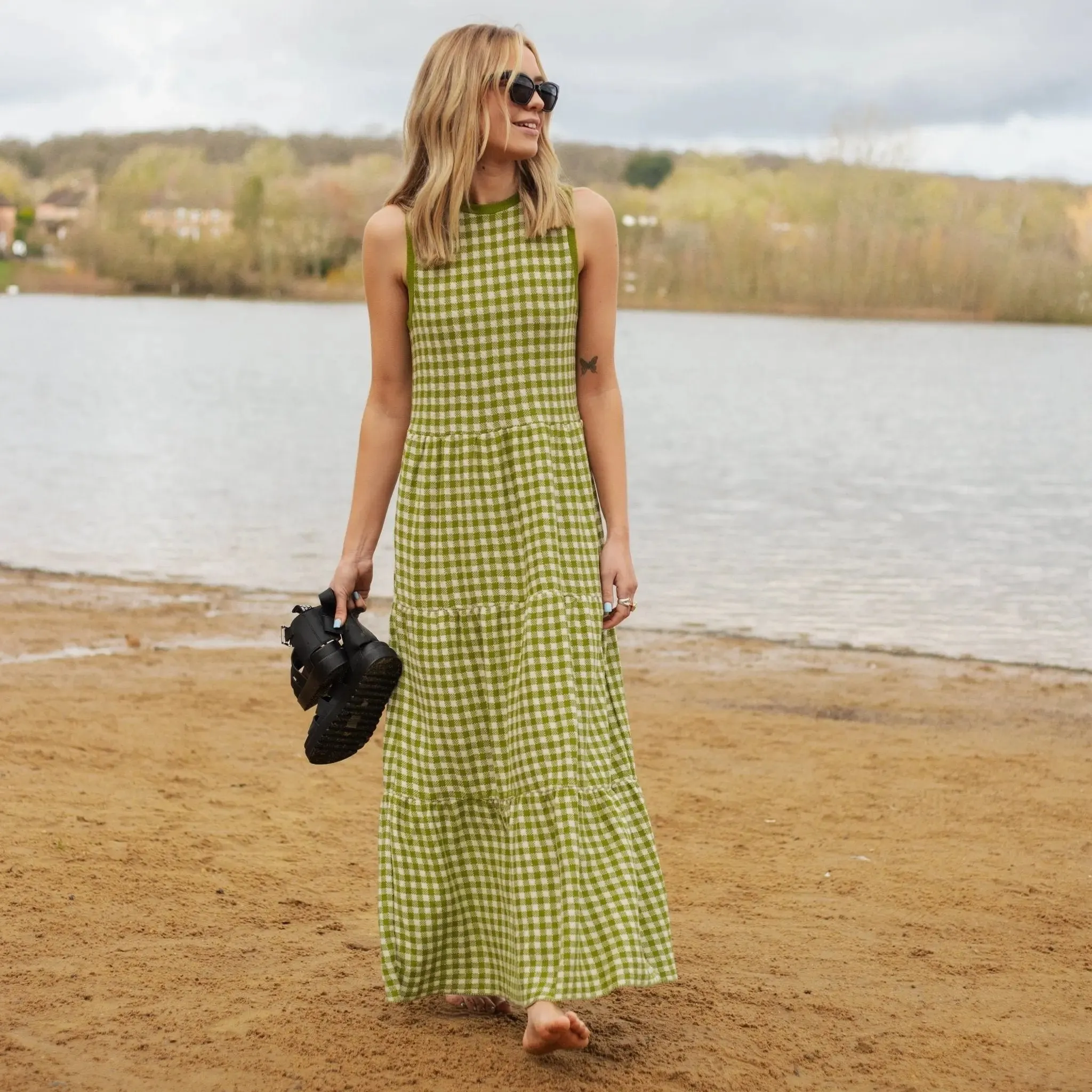 Paula Gingham Cotton Knitted Maxi Dress - Green