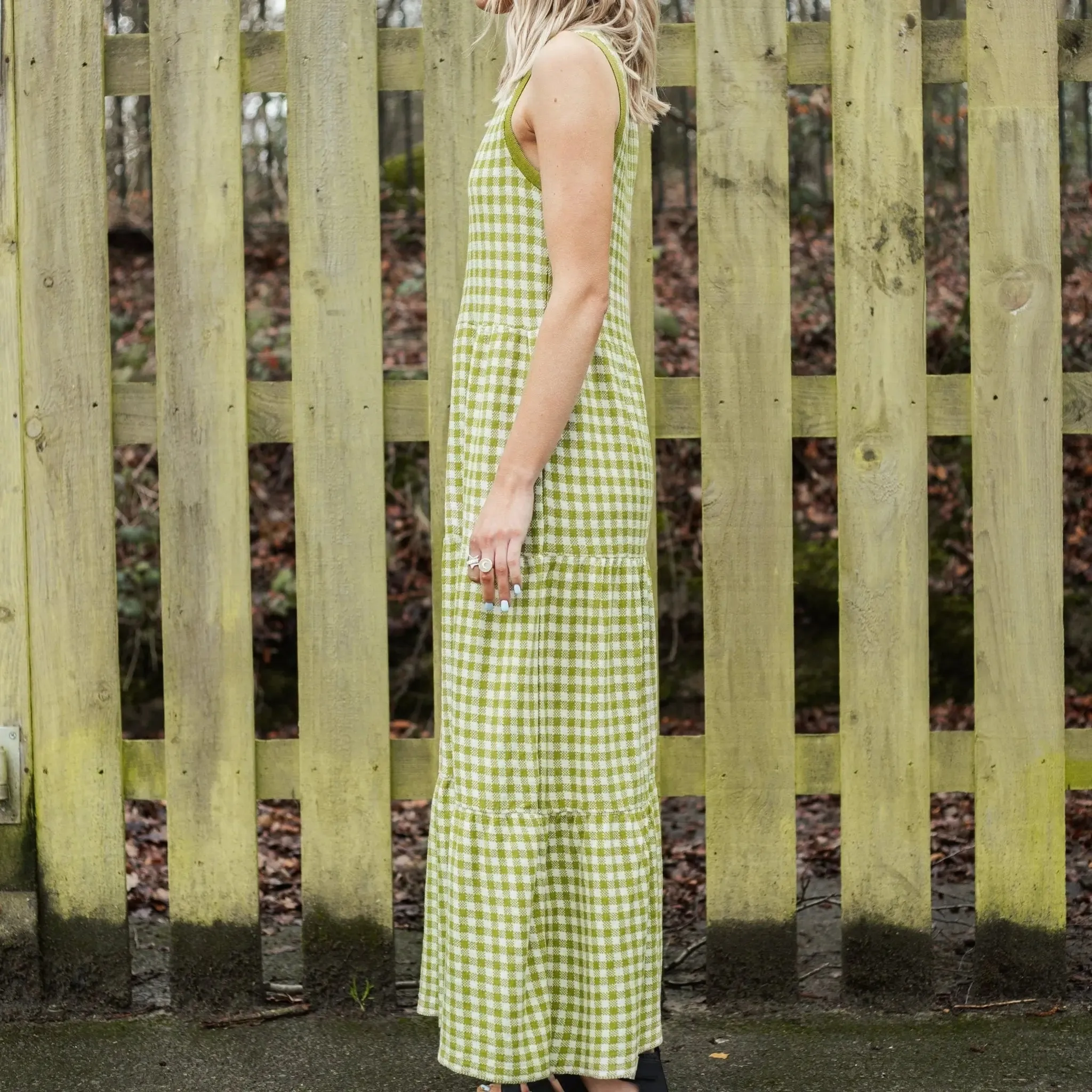 Paula Gingham Cotton Knitted Maxi Dress - Green