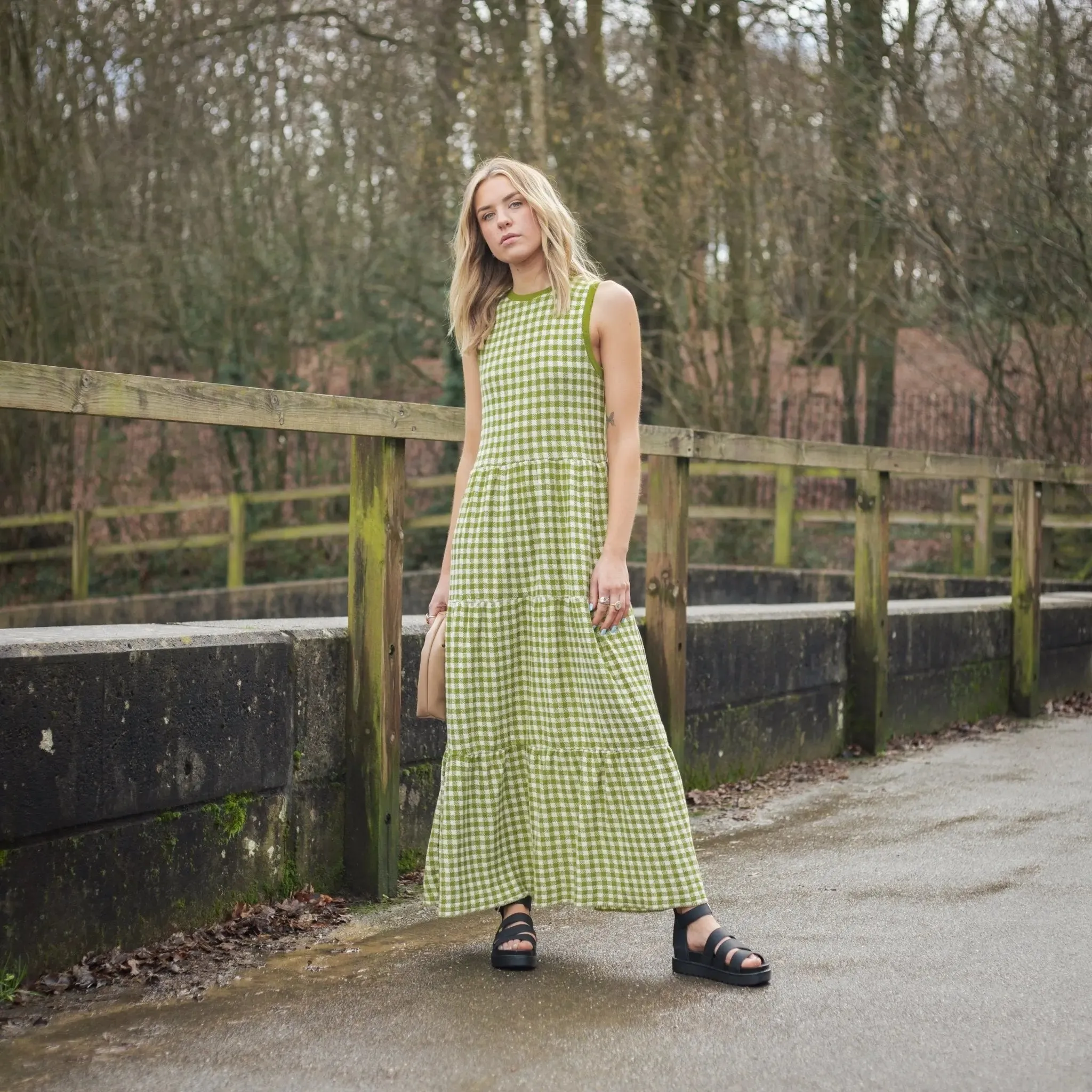 Paula Gingham Cotton Knitted Maxi Dress - Green