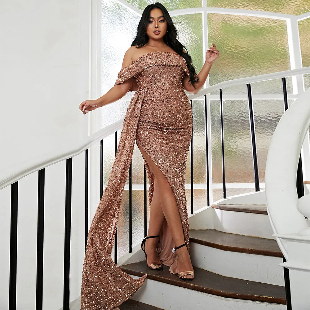 Plus Size Off The Shoulder Sequined Maxi Evening Dress