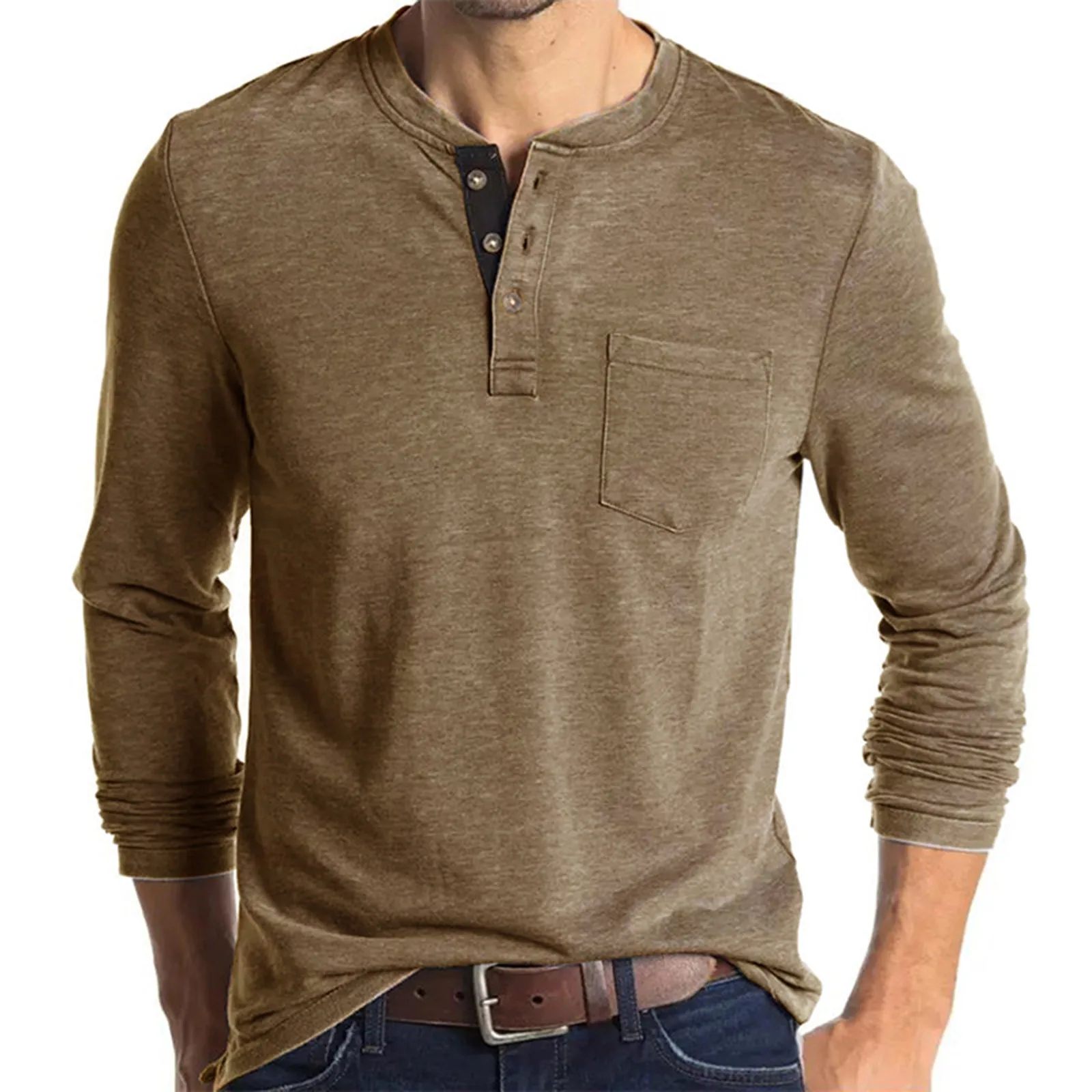 POCKET BUTTON LONG SLEEVE HENLEY SHIRT