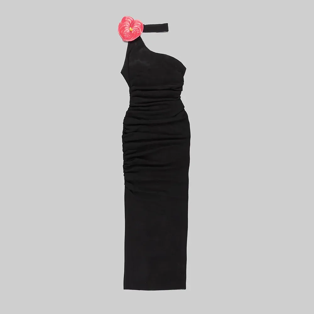 Pre Order:  Flower Hanging Neck Backless Mesh Black Dress