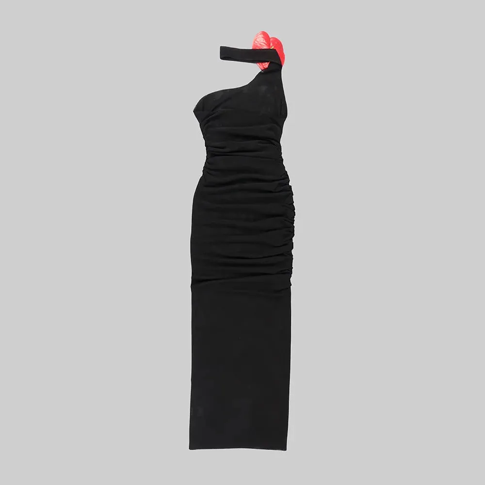 Pre Order:  Flower Hanging Neck Backless Mesh Black Dress