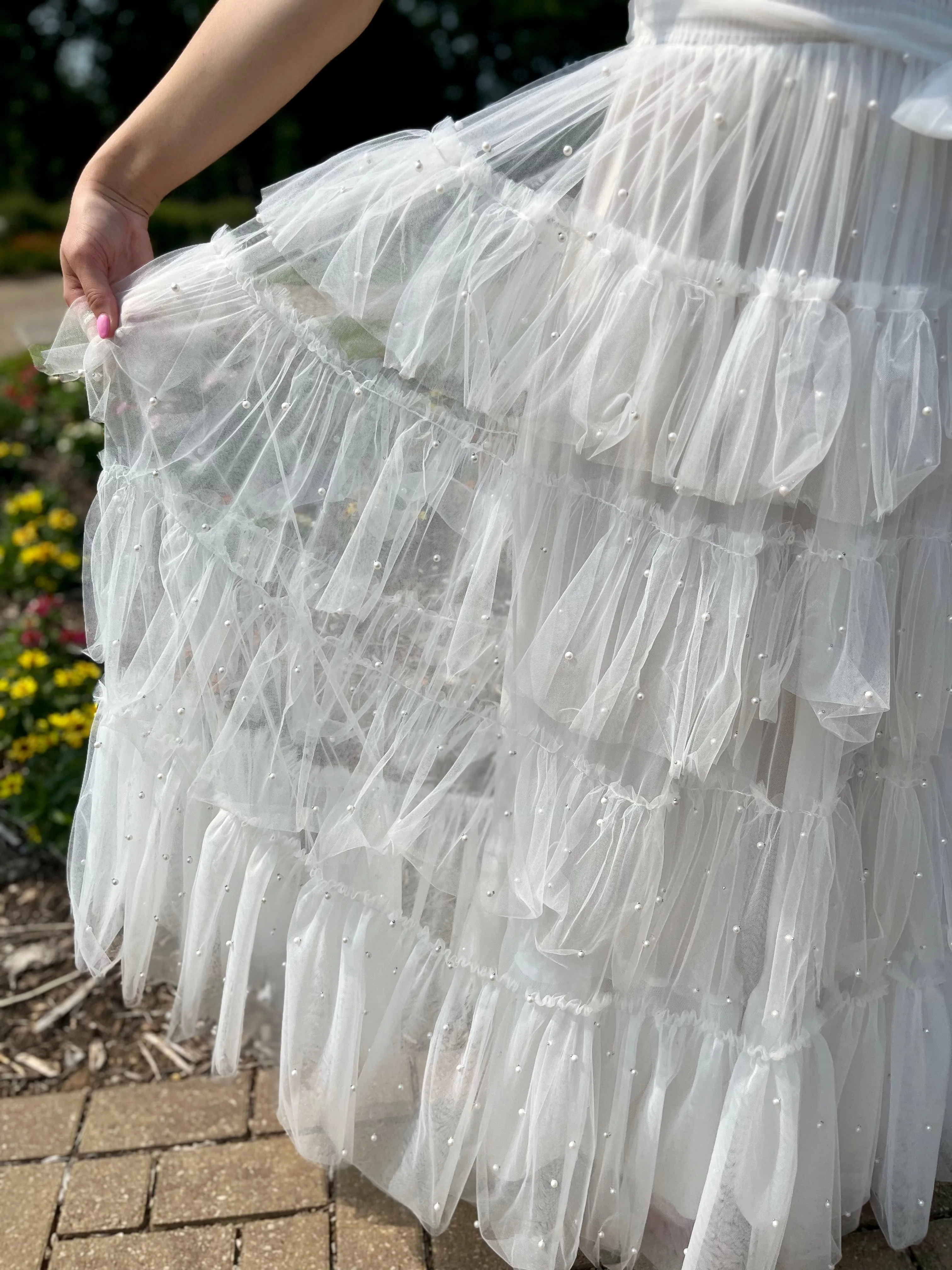 Reach Out To You White Pearl Mesh Maxi Dress