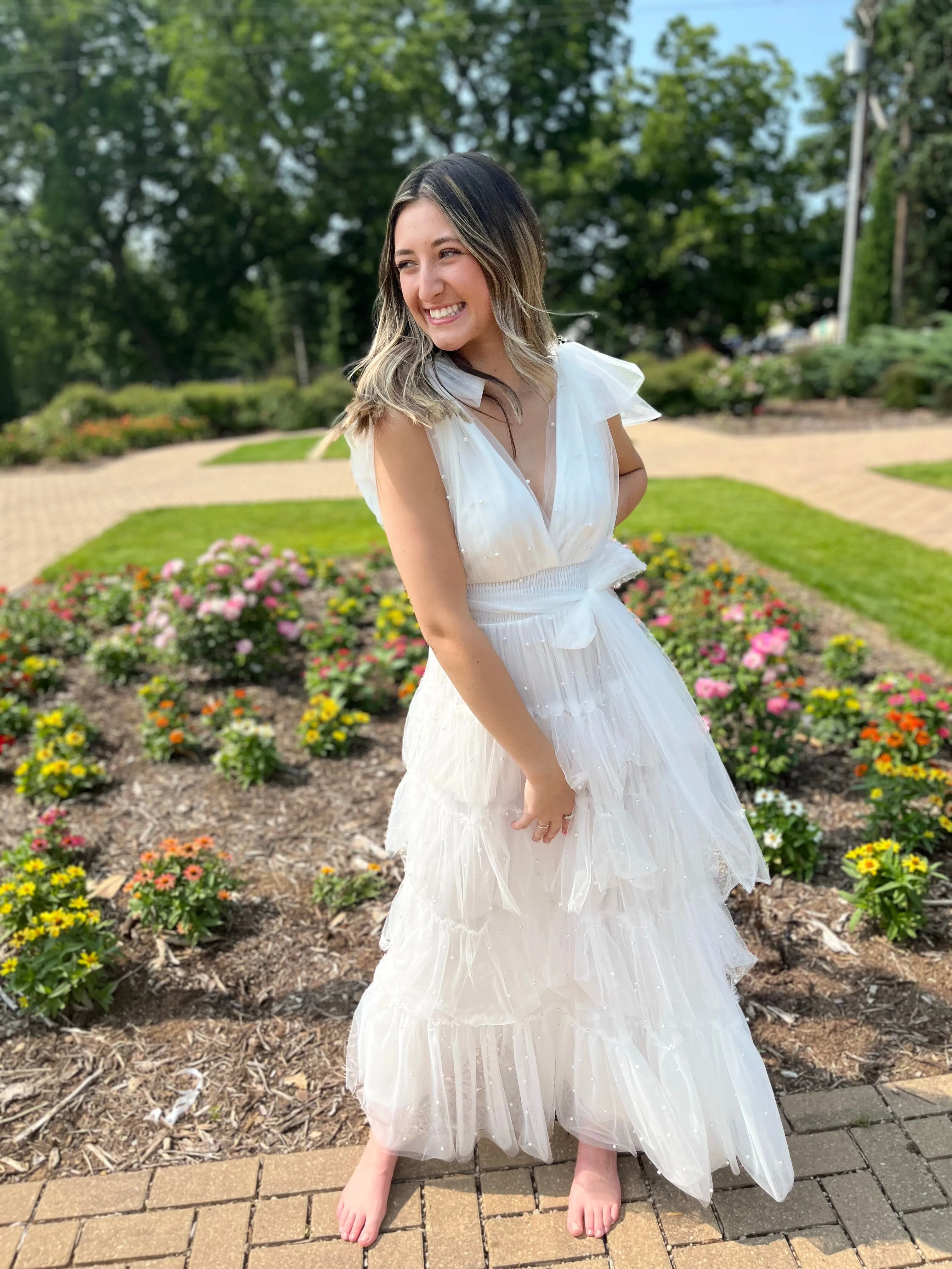 Reach Out To You White Pearl Mesh Maxi Dress