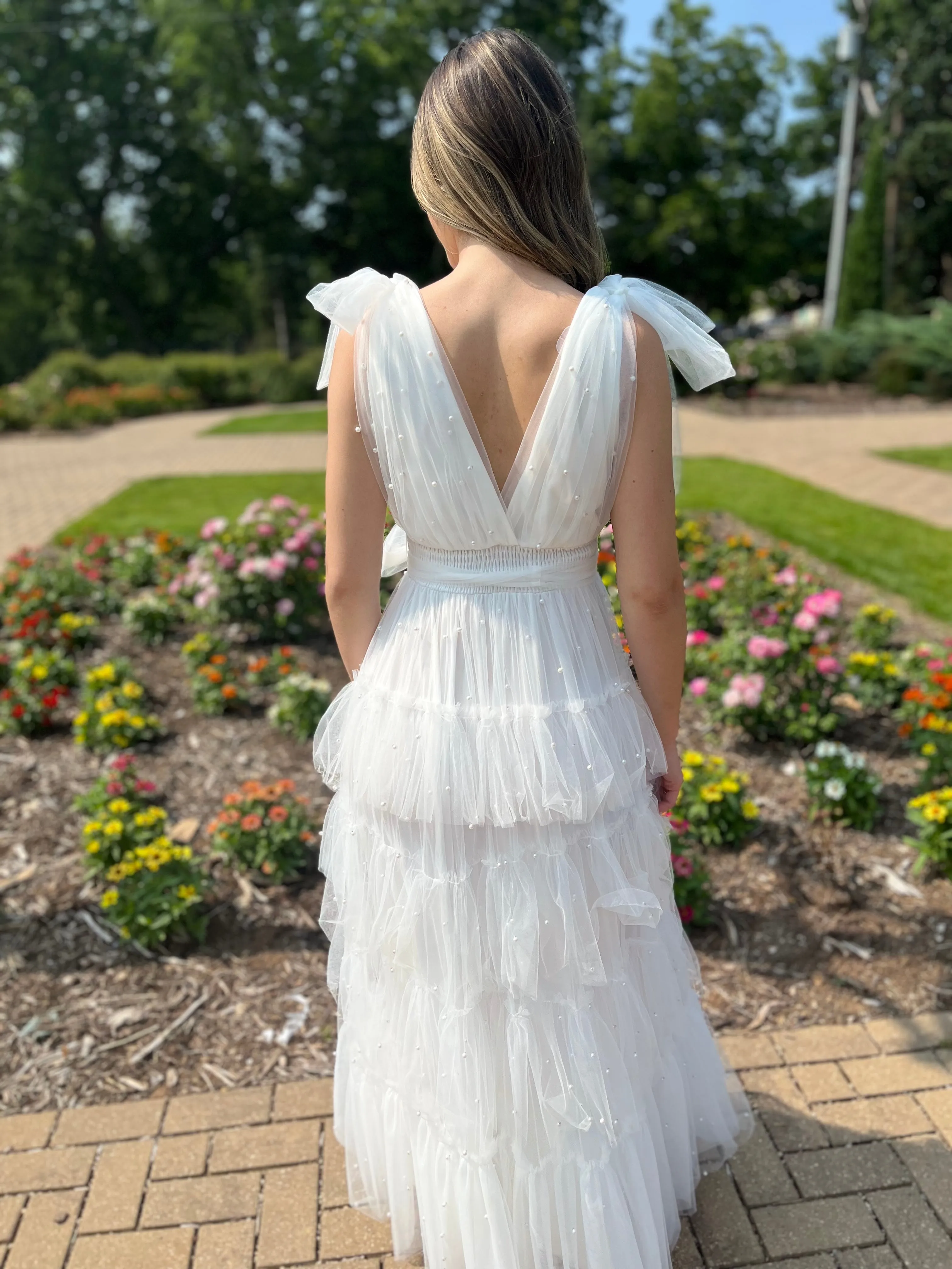 Reach Out To You White Pearl Mesh Maxi Dress