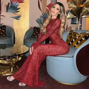 Red Leopard Mesh Backless Flare Sleeve Maxi Dress