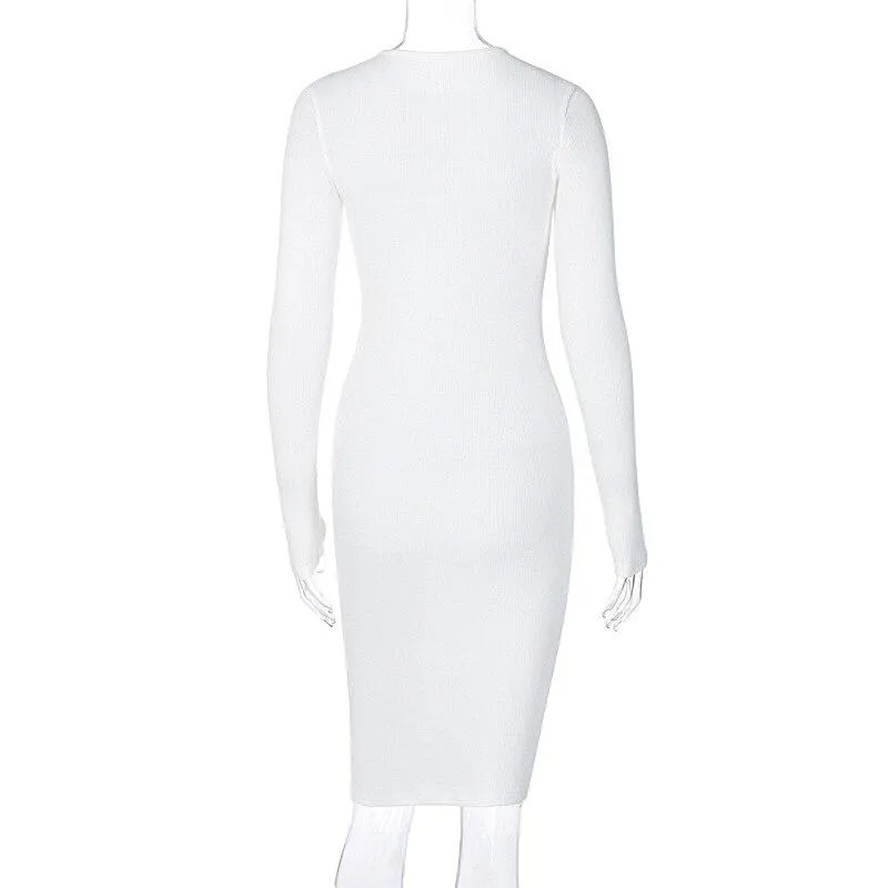 Ribbed Knit White Dress Long Sleeve Button Midi Bodycon Dress