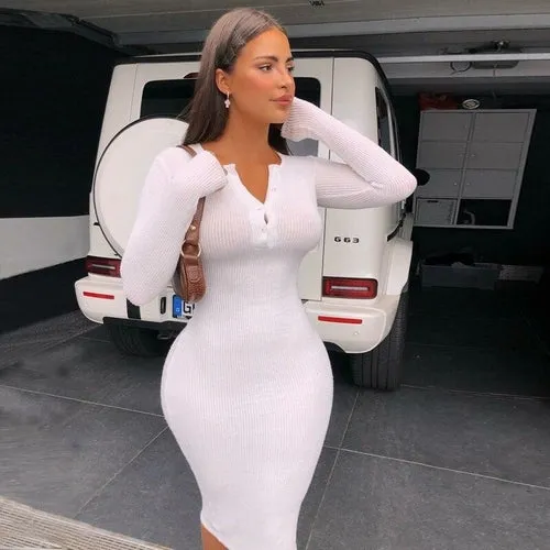 Ribbed Knit White Dress Long Sleeve Button Midi Bodycon Dress