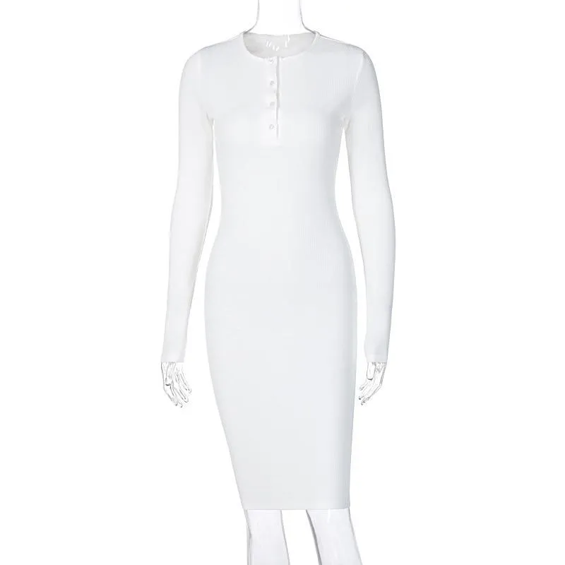 Ribbed Knit White Dress Long Sleeve Button Midi Bodycon Dress