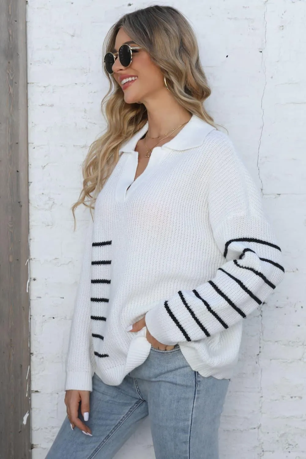 Ribbed Notched Neck Striped Sweater