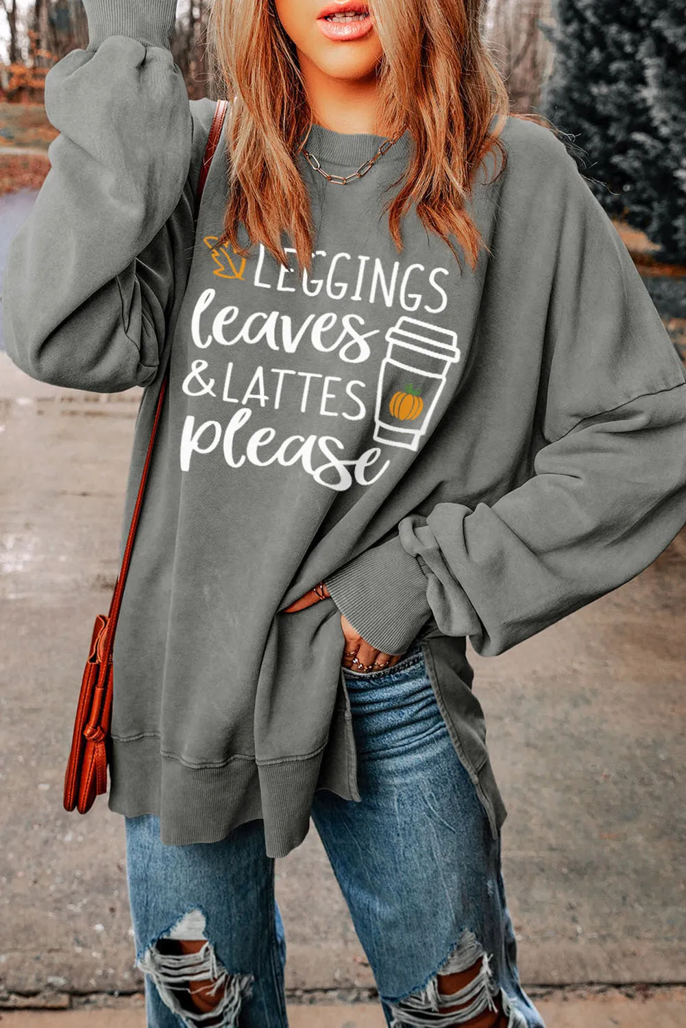 Round Neck Dropped Shoulder LEGGINGS LEAVES & LATTES PLEASE Graphic Sweatshirt