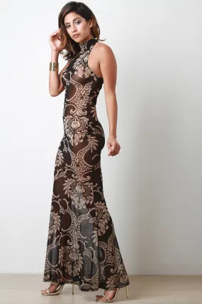 Semi-Sheer Damask Sleeveless Maxi Dress