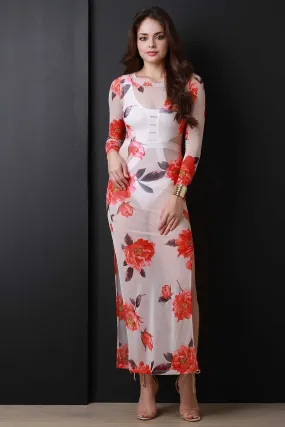 Semi-Sheer Floral Mesh Maxi Dress