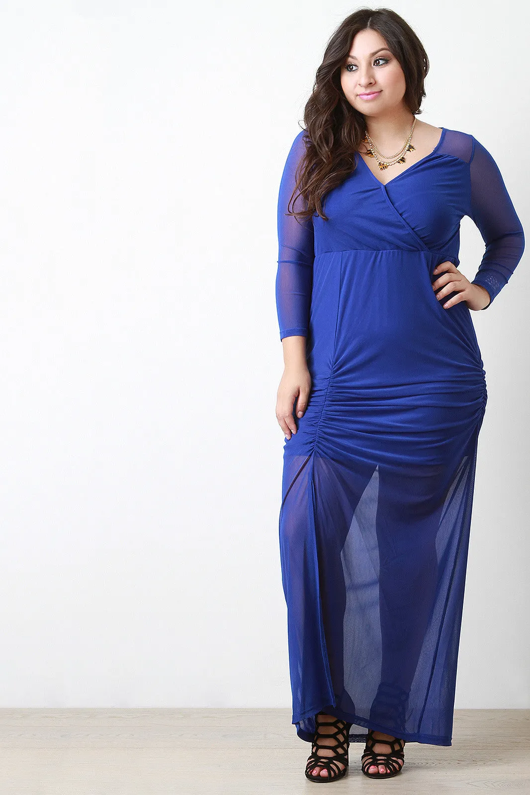 Semi-Sheer Mesh Drape Slit Maxi Dress