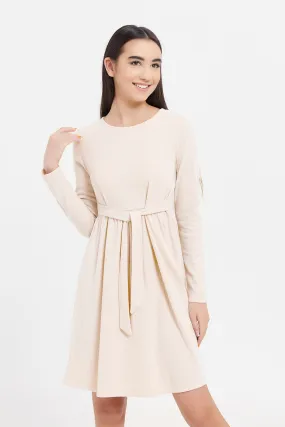 Senior Girls Beige Loose Knit Dress