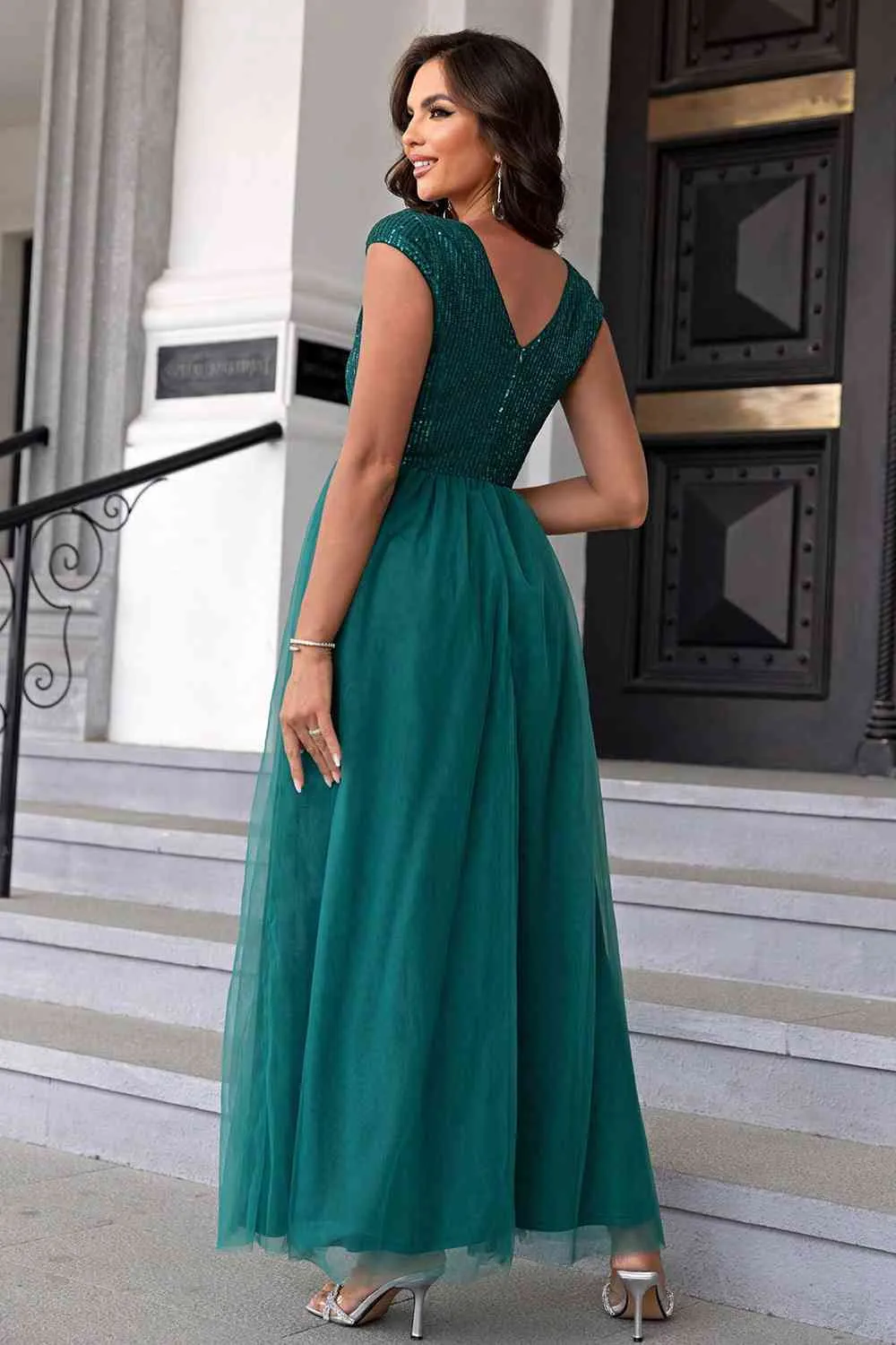 Sequin V-Neck Mesh Maxi Dress (BWM) T