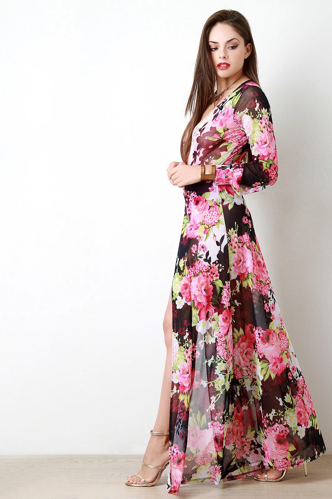 Sheer Mesh Floral Plunging V Maxi Dress